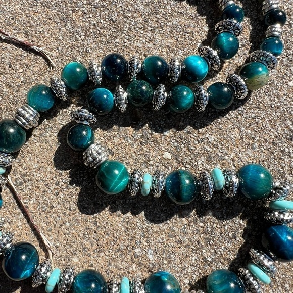 Blue Tigers Eye and Silver Necklace and Earrings Set Handmade - Picture 10 of 16